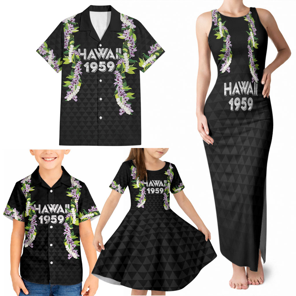 Hawaii Statehood Day Family Matching Tank Maxi Dress and Hawaiian Shirt Kakau Pattern With Maile Pikake Honohono Lei