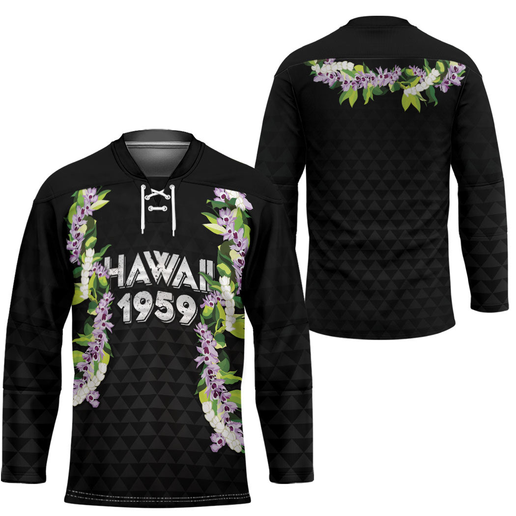 Hawaii Statehood Day Hockey Jersey Kakau Pattern With Maile Pikake Honohono Lei