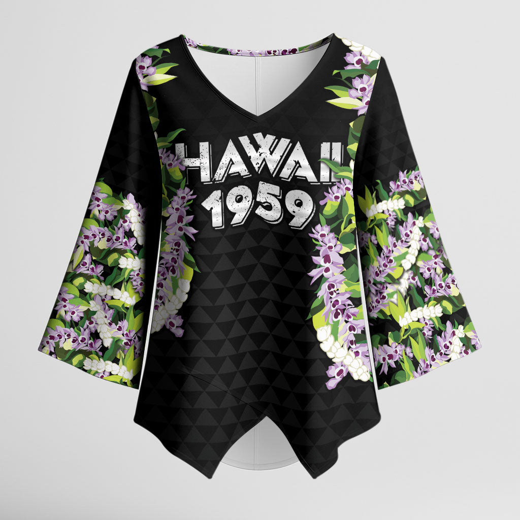 Hawaii Statehood Day Kimono Sleeve Blouse Kakau Pattern With Maile Pikake Honohono Lei
