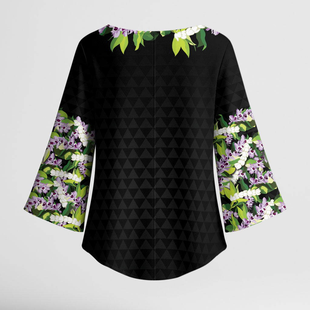 Hawaii Statehood Day Kimono Sleeve Blouse Kakau Pattern With Maile Pikake Honohono Lei