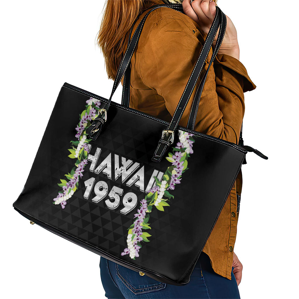 Hawaii Statehood Day Leather Tote Bag Kakau Pattern With Maile Pikake Honohono Lei