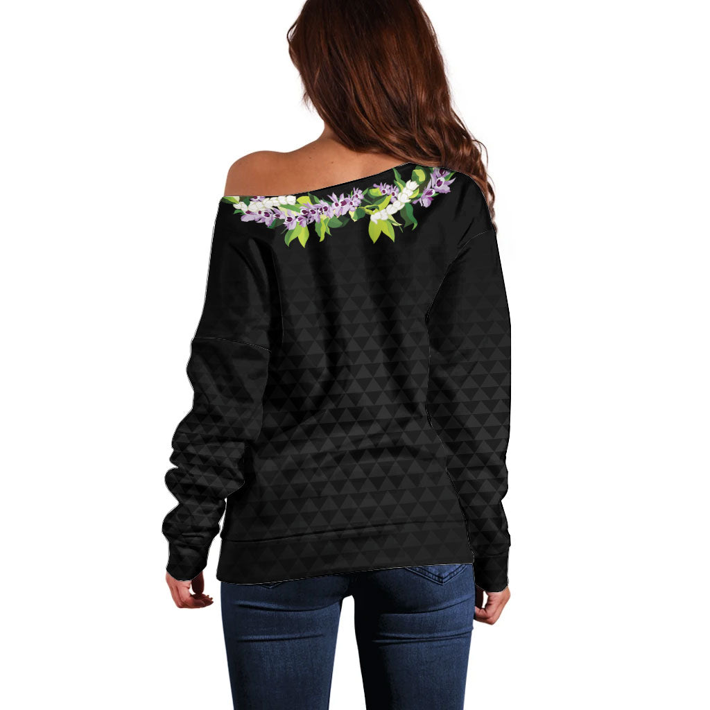 Hawaii Statehood Day Off Shoulder Sweater Kakau Pattern With Maile Pikake Honohono Lei