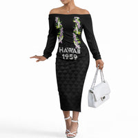 Hawaii Statehood Day Off The Shoulder Long Sleeve Dress Kakau Pattern With Maile Pikake Honohono Lei