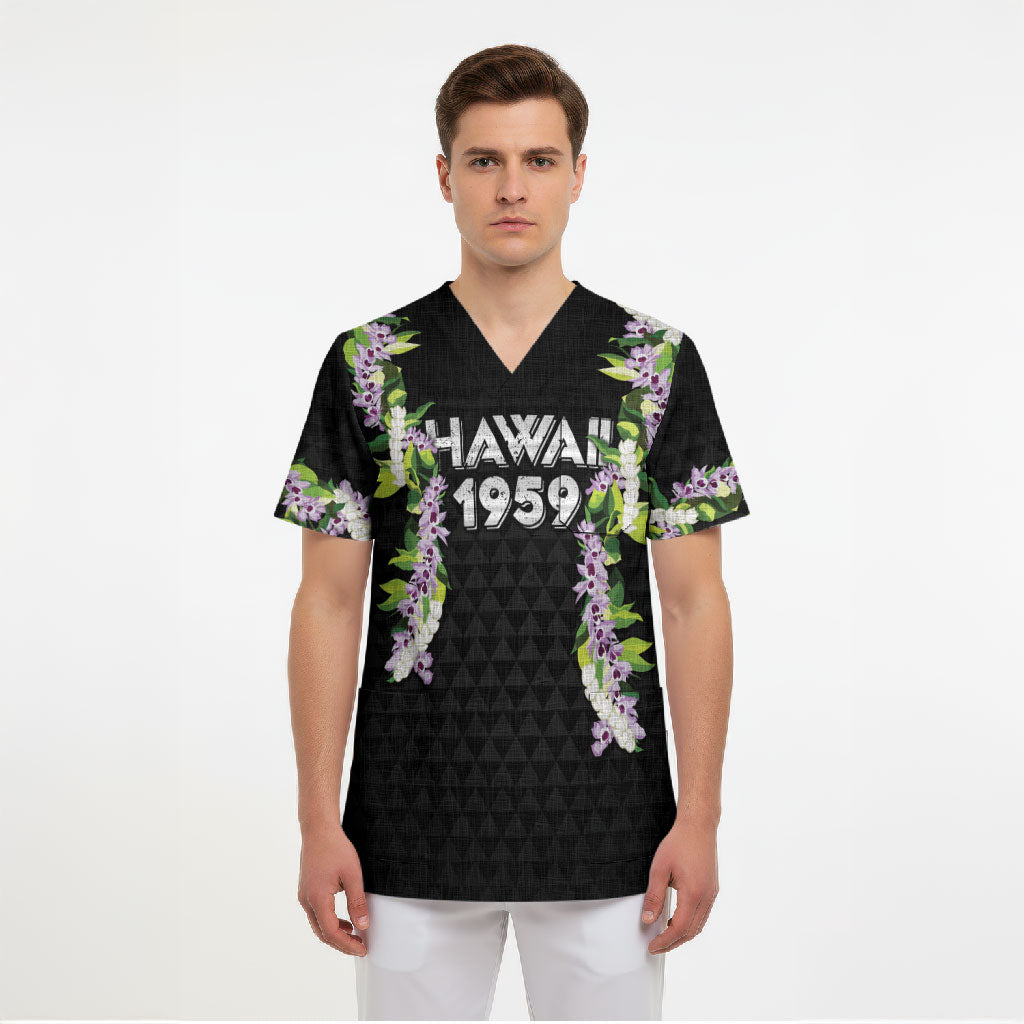 Hawaii Statehood Day Scrub Top Kakau Pattern With Maile Pikake Honohono Lei