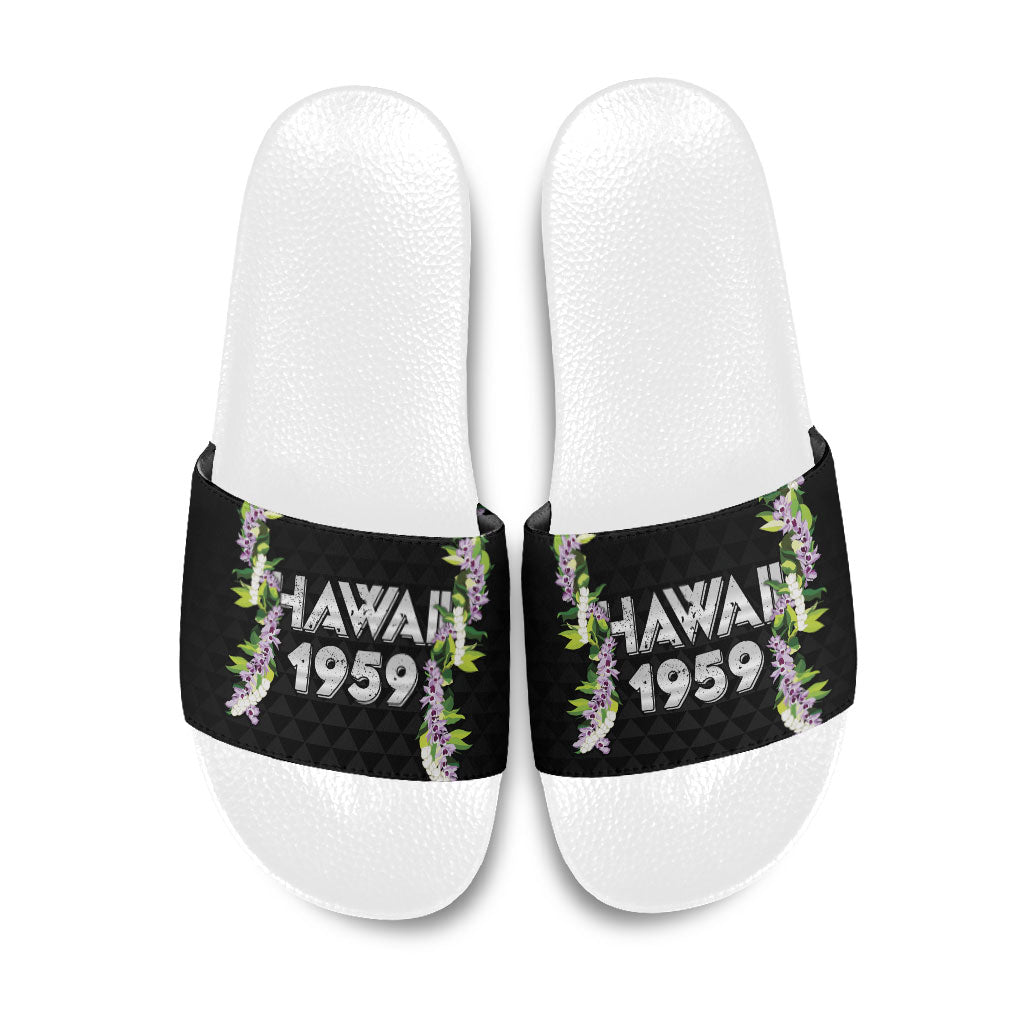 Hawaii Statehood Day Slide Sandals Kakau Pattern With Maile Pikake Honohono Lei