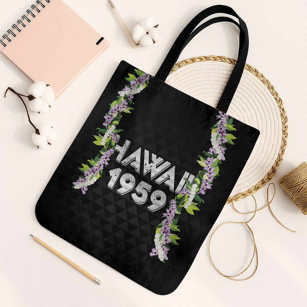 Hawaii Statehood Day Tote Bag Kakau Pattern With Maile Pikake Honohono Lei