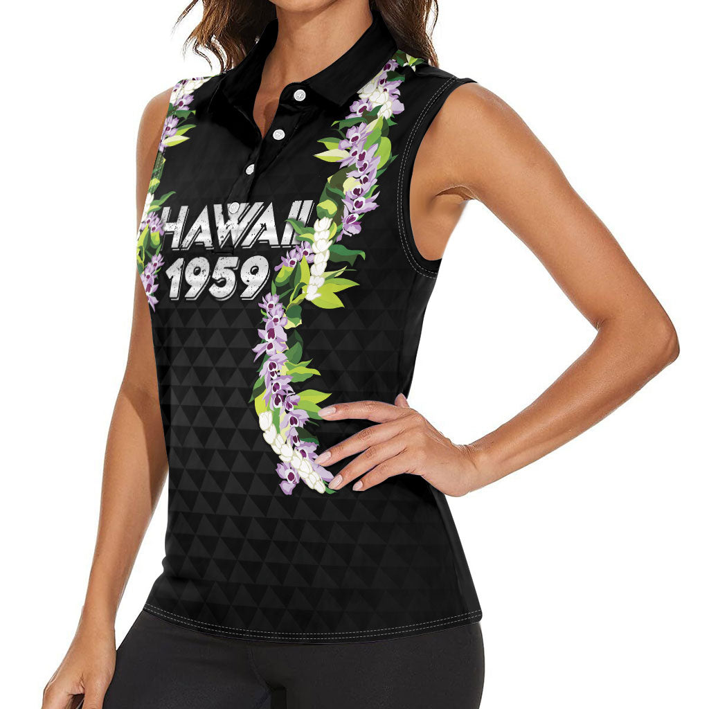 Hawaii Statehood Day Women Sleeveless Polo Shirt Kakau Pattern With Maile Pikake Honohono Lei