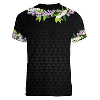 Hawaii Statehood Day Women V-Neck T-Shirt Kakau Pattern With Maile Pikake Honohono Lei