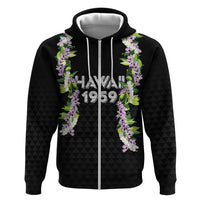 Hawaii Statehood Day Zip Hoodie Kakau Pattern With Maile Pikake Honohono Lei
