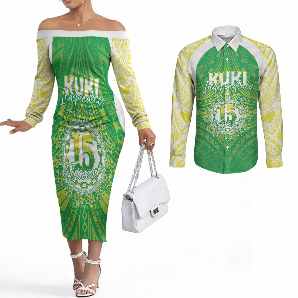 Kuki Independence 2026 Couples Matching Off The Shoulder Long Sleeve Dress and Long Sleeve Button Shirt Cook Islands 15 Finest Green Version