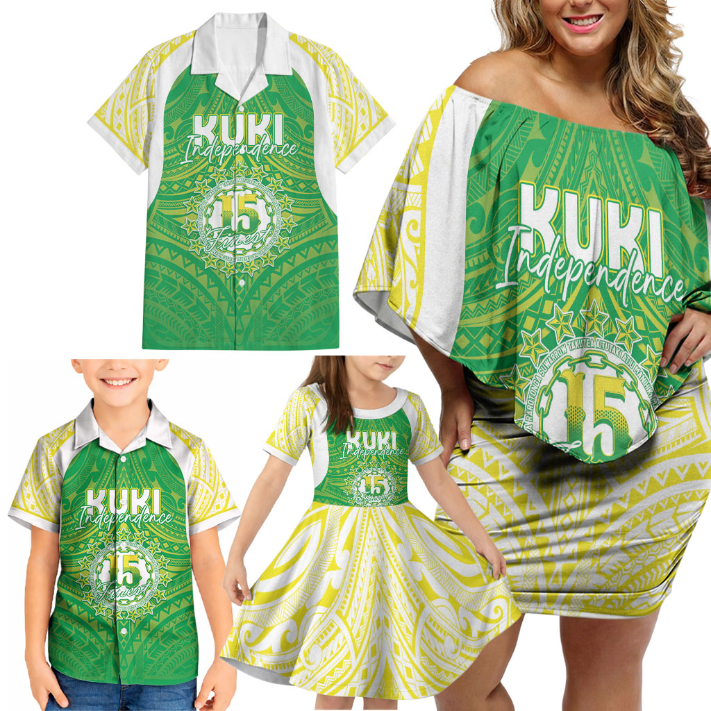 Kuki Independence 2026 Family Matching Off Shoulder Short Dress and Hawaiian Shirt Cook Islands 15 Finest Green Version