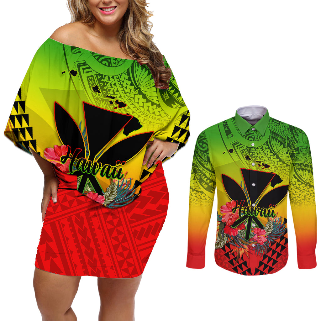 Personalized Hawaii Couples Matching Off Shoulder Short Dress and Long Sleeve Button Shirts Kakau Kanaka Maoli With Hibiscus Flowers LT05 Reggae - Polynesian Pride