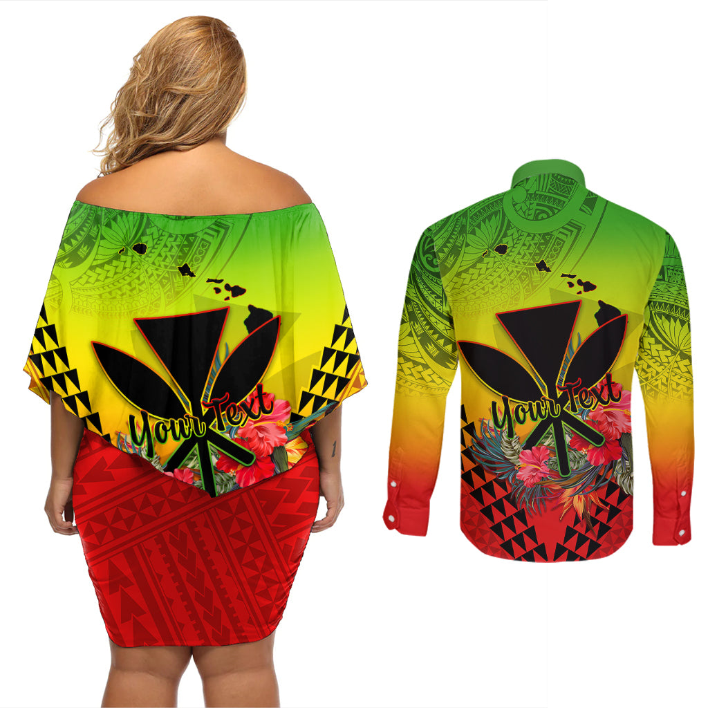 Personalized Hawaii Couples Matching Off Shoulder Short Dress and Long Sleeve Button Shirts Kakau Kanaka Maoli With Hibiscus Flowers LT05 - Polynesian Pride