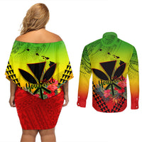 Personalized Hawaii Couples Matching Off Shoulder Short Dress and Long Sleeve Button Shirts Kakau Kanaka Maoli With Hibiscus Flowers LT05 - Polynesian Pride