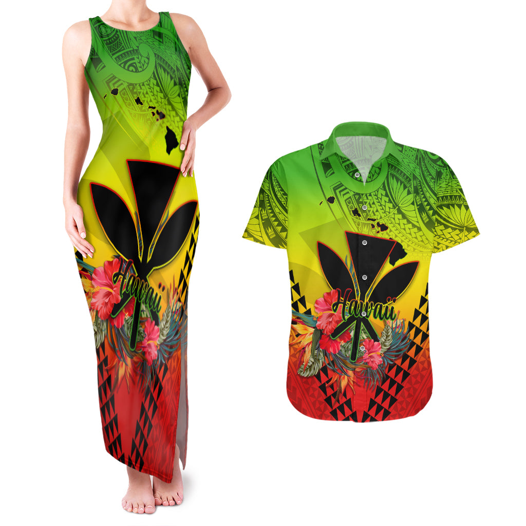 Personalized Hawaii Couples Matching Tank Maxi Dress and Hawaiian Shirt Kakau Kanaka Maoli With Hibiscus Flowers LT05 Reggae - Polynesian Pride
