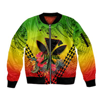 Personalized Hawaii Sleeve Zip Bomber Jacket Kakau Kanaka Maoli With Hibiscus Flowers LT05 Unisex Reggae - Polynesian Pride