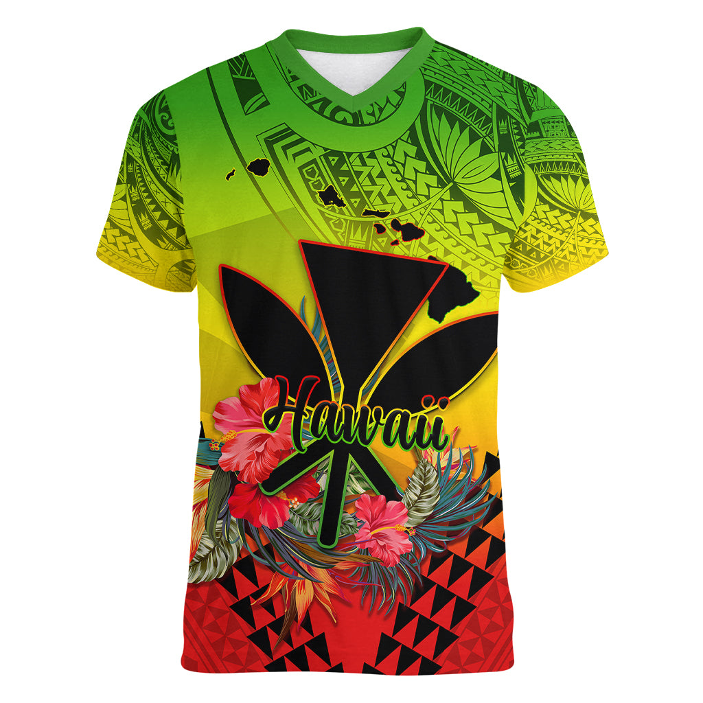 Personalized Hawaii Women V Neck T Shirt Kakau Kanaka Maoli With Hibiscus Flowers LT05 Female Reggae - Polynesian Pride