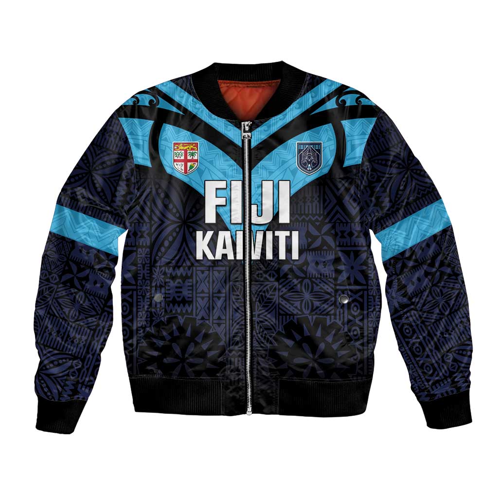 Custom Fiji Kaiviti Rugby Bomber Jacket Fiji Tapa Pattern LT05 Unisex Blue - Polynesian Pride