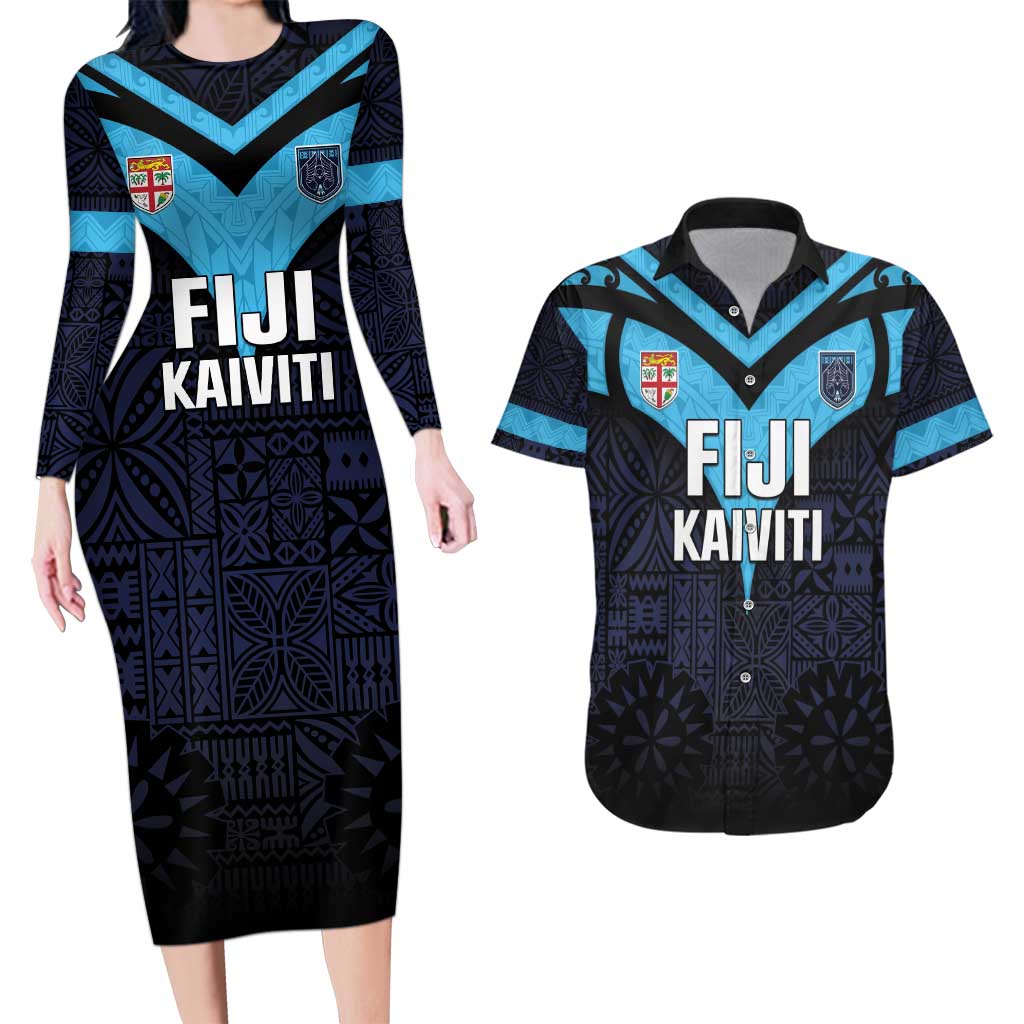 Custom Fiji Kaiviti Rugby Couples Matching Long Sleeve Bodycon Dress and Hawaiian Shirt Fiji Tapa Pattern LT05 Blue - Polynesian Pride
