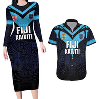 Custom Fiji Kaiviti Rugby Couples Matching Long Sleeve Bodycon Dress and Hawaiian Shirt Fiji Tapa Pattern LT05 Blue - Polynesian Pride