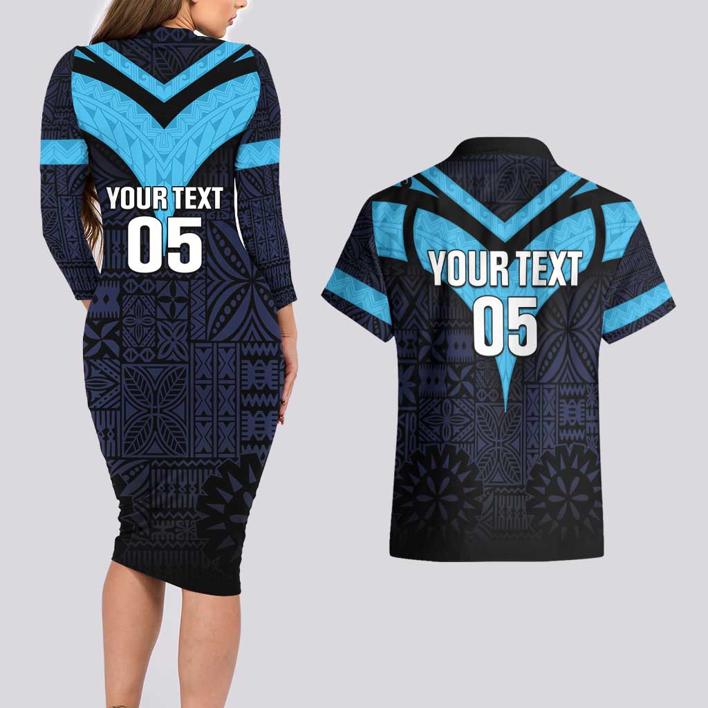 Custom Fiji Kaiviti Rugby Couples Matching Long Sleeve Bodycon Dress and Hawaiian Shirt Fiji Tapa Pattern LT05 - Polynesian Pride