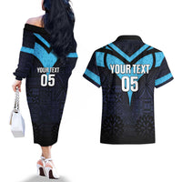 Custom Fiji Kaiviti Rugby Couples Matching Off The Shoulder Long Sleeve Dress and Hawaiian Shirt Fiji Tapa Pattern LT05 - Polynesian Pride
