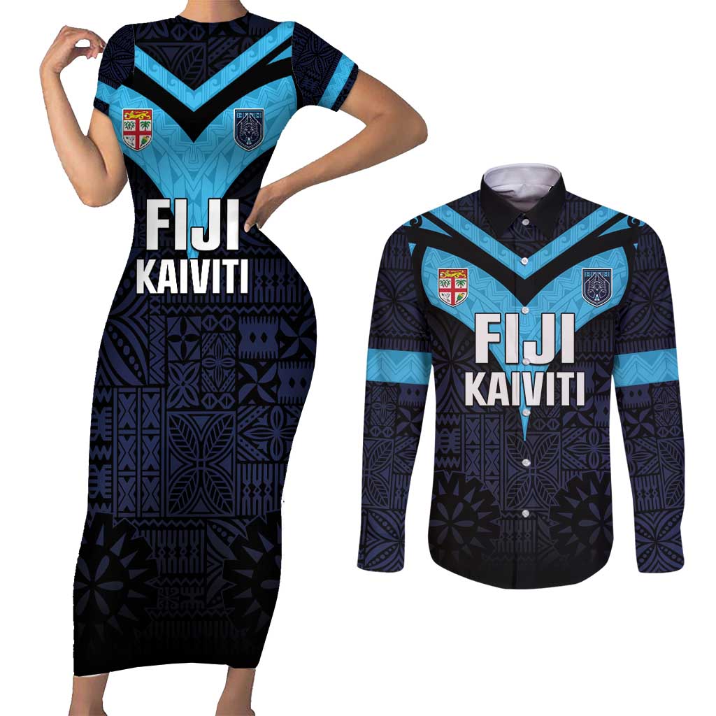 Custom Fiji Kaiviti Rugby Couples Matching Short Sleeve Bodycon Dress and Long Sleeve Button Shirt Fiji Tapa Pattern LT05 Blue - Polynesian Pride