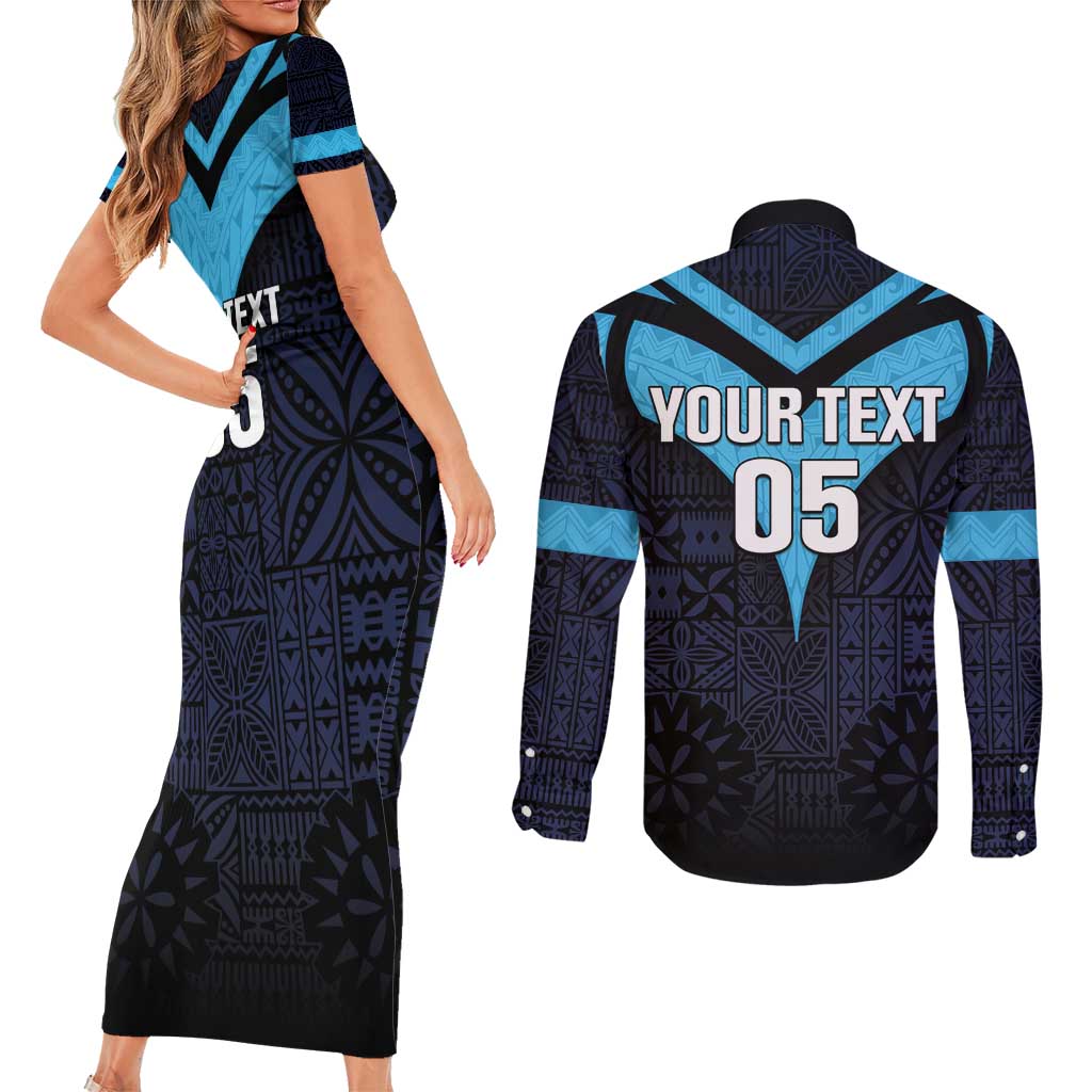 Custom Fiji Kaiviti Rugby Couples Matching Short Sleeve Bodycon Dress and Long Sleeve Button Shirt Fiji Tapa Pattern LT05 - Polynesian Pride