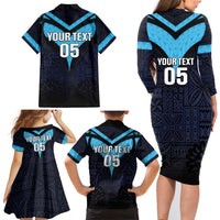 Custom Fiji Kaiviti Rugby Family Matching Long Sleeve Bodycon Dress and Hawaiian Shirt Fiji Tapa Pattern LT05 - Polynesian Pride