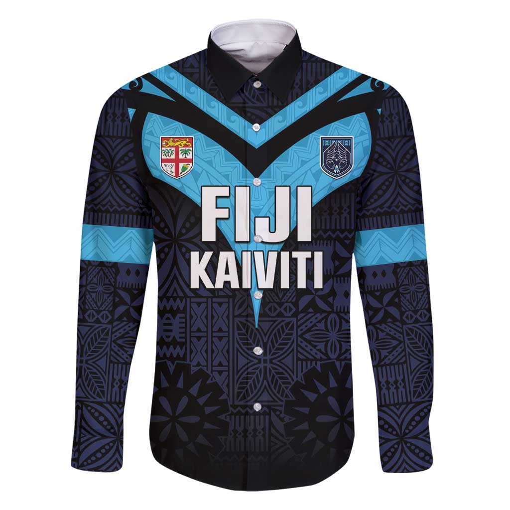 Custom Fiji Kaiviti Rugby Family Matching Mermaid Dress and Hawaiian Shirt Fiji Tapa Pattern LT05 Dad's Shirt - Long Sleeve Blue - Polynesian Pride