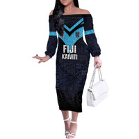Custom Fiji Kaiviti Rugby Family Matching Off The Shoulder Long Sleeve Dress and Hawaiian Shirt Fiji Tapa Pattern LT05 Mom's Dress Blue - Polynesian Pride