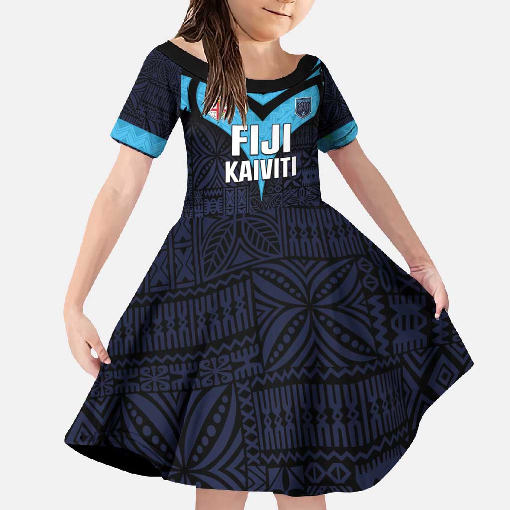 Custom Fiji Kaiviti Rugby Family Matching Off Shoulder Maxi Dress and Hawaiian Shirt Fiji Tapa Pattern LT05 Daughter's Dress Blue - Polynesian Pride