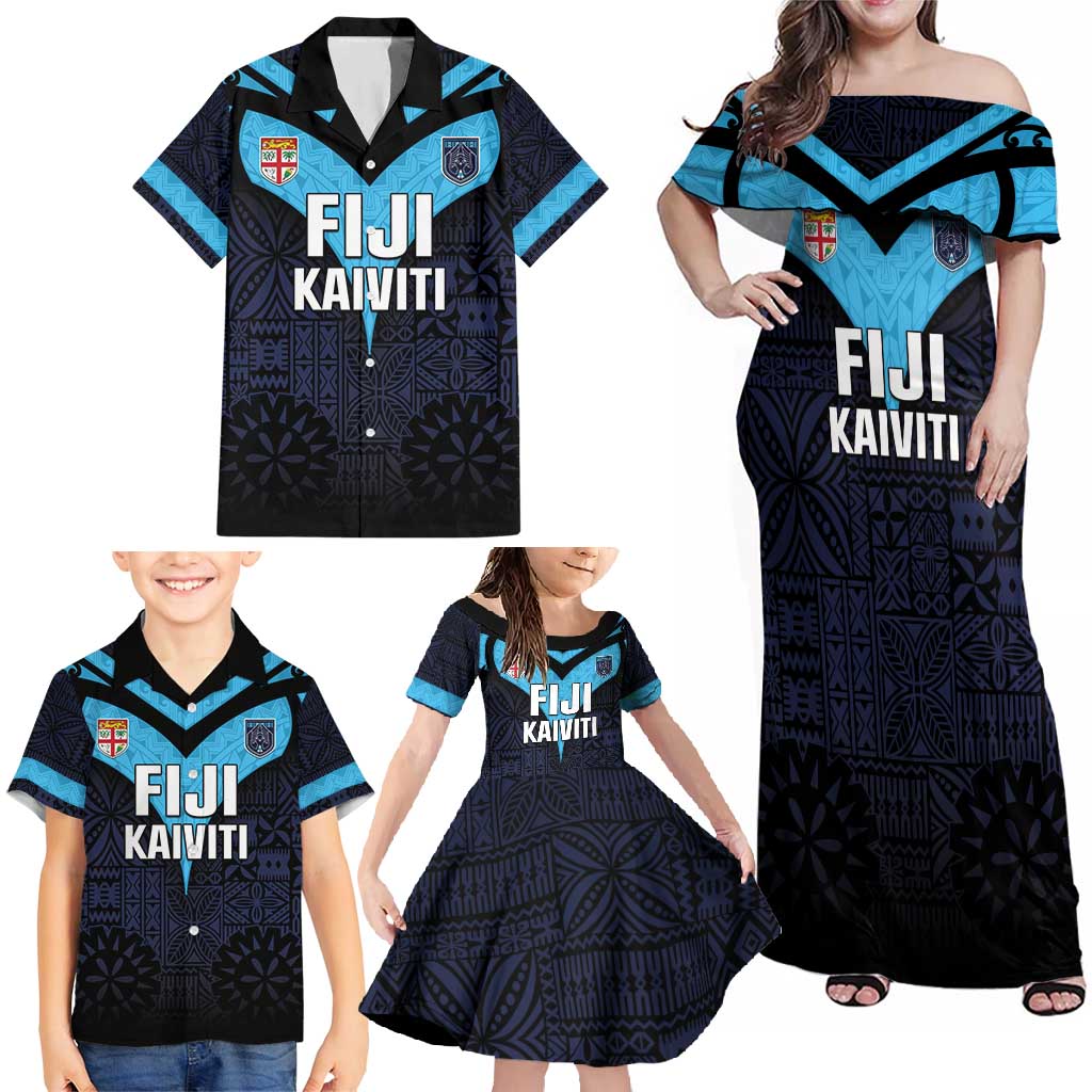 Custom Fiji Kaiviti Rugby Family Matching Off Shoulder Maxi Dress and Hawaiian Shirt Fiji Tapa Pattern LT05 - Polynesian Pride