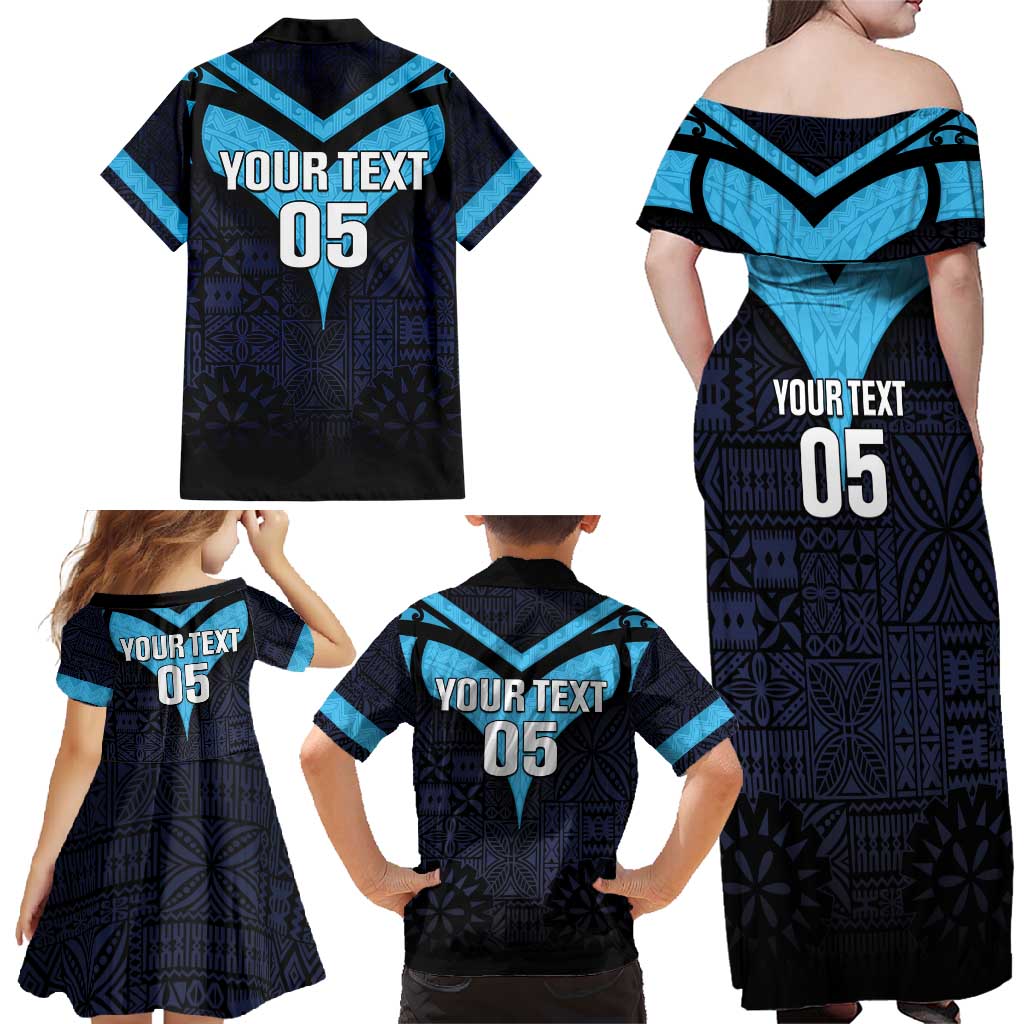 Custom Fiji Kaiviti Rugby Family Matching Off Shoulder Maxi Dress and Hawaiian Shirt Fiji Tapa Pattern LT05 - Polynesian Pride