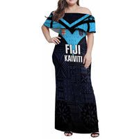 Custom Fiji Kaiviti Rugby Family Matching Off Shoulder Maxi Dress and Hawaiian Shirt Fiji Tapa Pattern LT05 Mom's Dress Blue - Polynesian Pride