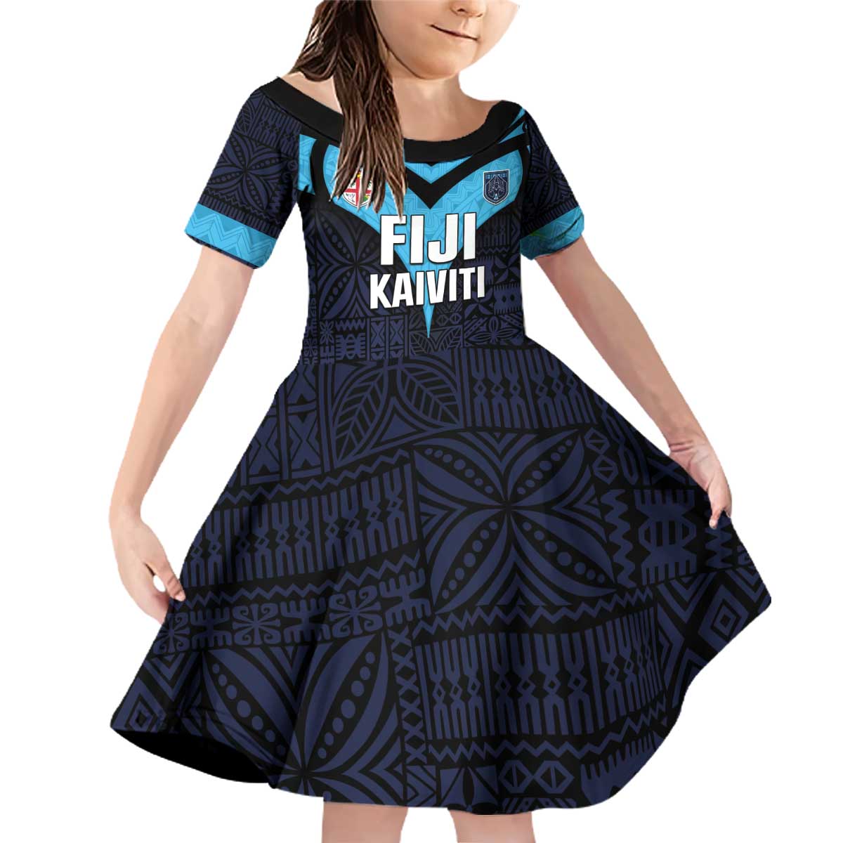 Custom Fiji Kaiviti Rugby Family Matching Off Shoulder Short Dress and Hawaiian Shirt Fiji Tapa Pattern LT05 Daughter's Dress Blue - Polynesian Pride