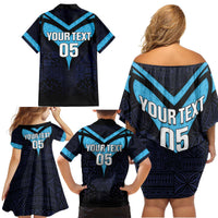 Custom Fiji Kaiviti Rugby Family Matching Off Shoulder Short Dress and Hawaiian Shirt Fiji Tapa Pattern LT05 - Polynesian Pride