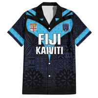 Custom Fiji Kaiviti Rugby Family Matching Off Shoulder Short Dress and Hawaiian Shirt Fiji Tapa Pattern LT05 Dad's Shirt - Short Sleeve Blue - Polynesian Pride