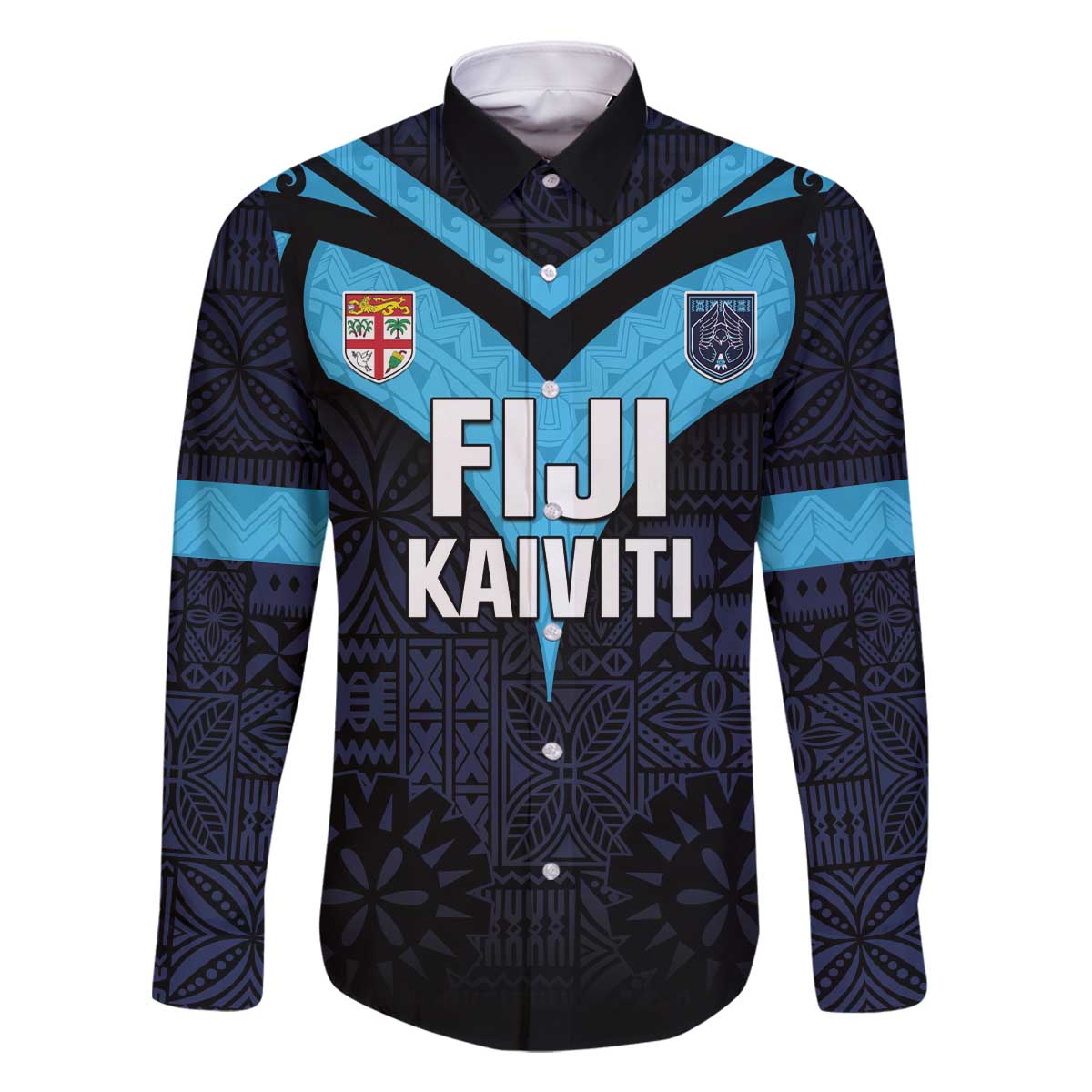 Custom Fiji Kaiviti Rugby Family Matching Off Shoulder Short Dress and Hawaiian Shirt Fiji Tapa Pattern LT05 Dad's Shirt - Long Sleeve Blue - Polynesian Pride