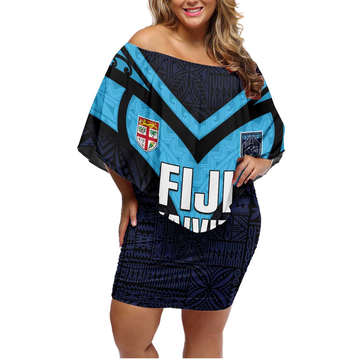 Custom Fiji Kaiviti Rugby Family Matching Off Shoulder Short Dress and Hawaiian Shirt Fiji Tapa Pattern LT05 Mom's Dress Blue - Polynesian Pride