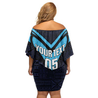 Custom Fiji Kaiviti Rugby Family Matching Off Shoulder Short Dress and Hawaiian Shirt Fiji Tapa Pattern LT05 - Polynesian Pride