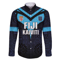 Custom Fiji Kaiviti Rugby Family Matching Puletasi and Hawaiian Shirt Fiji Tapa Pattern LT05 Dad's Shirt - Long Sleeve Blue - Polynesian Pride