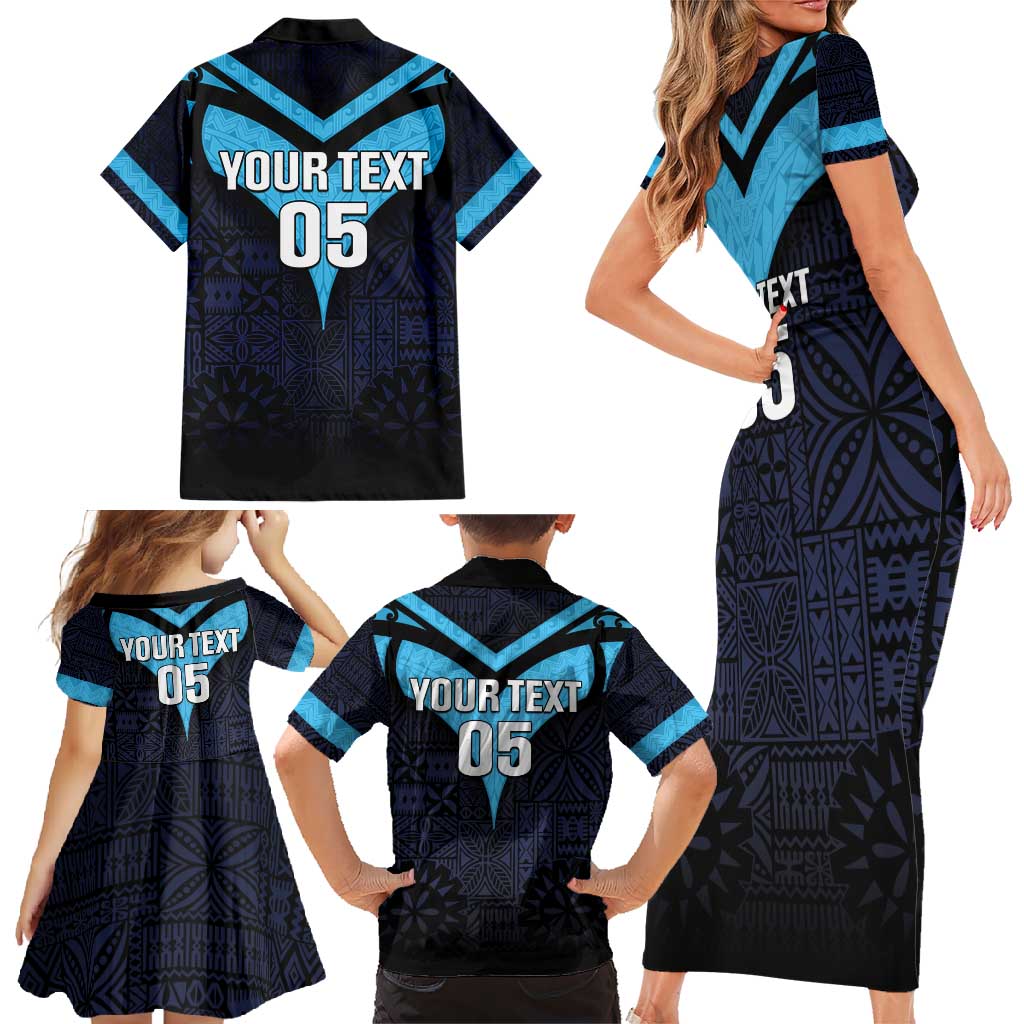 Custom Fiji Kaiviti Rugby Family Matching Short Sleeve Bodycon Dress and Hawaiian Shirt Fiji Tapa Pattern LT05 - Polynesian Pride