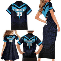 Custom Fiji Kaiviti Rugby Family Matching Short Sleeve Bodycon Dress and Hawaiian Shirt Fiji Tapa Pattern LT05 - Polynesian Pride