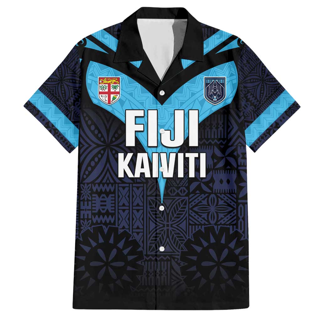 Custom Fiji Kaiviti Rugby Family Matching Short Sleeve Bodycon Dress and Hawaiian Shirt Fiji Tapa Pattern LT05 Dad's Shirt - Short Sleeve Blue - Polynesian Pride