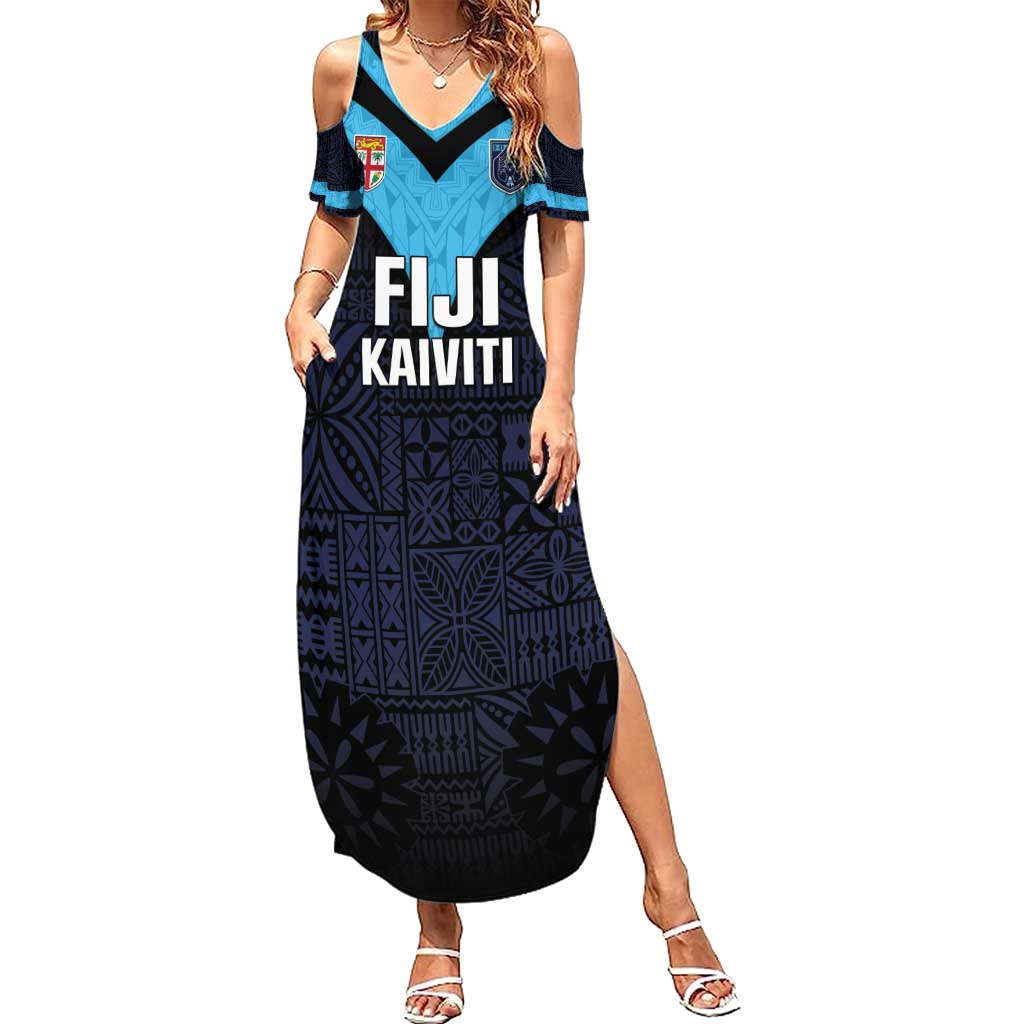 Custom Fiji Kaiviti Rugby Family Matching Summer Maxi Dress and Hawaiian Shirt Fiji Tapa Pattern LT05 Mom's Dress Blue - Polynesian Pride