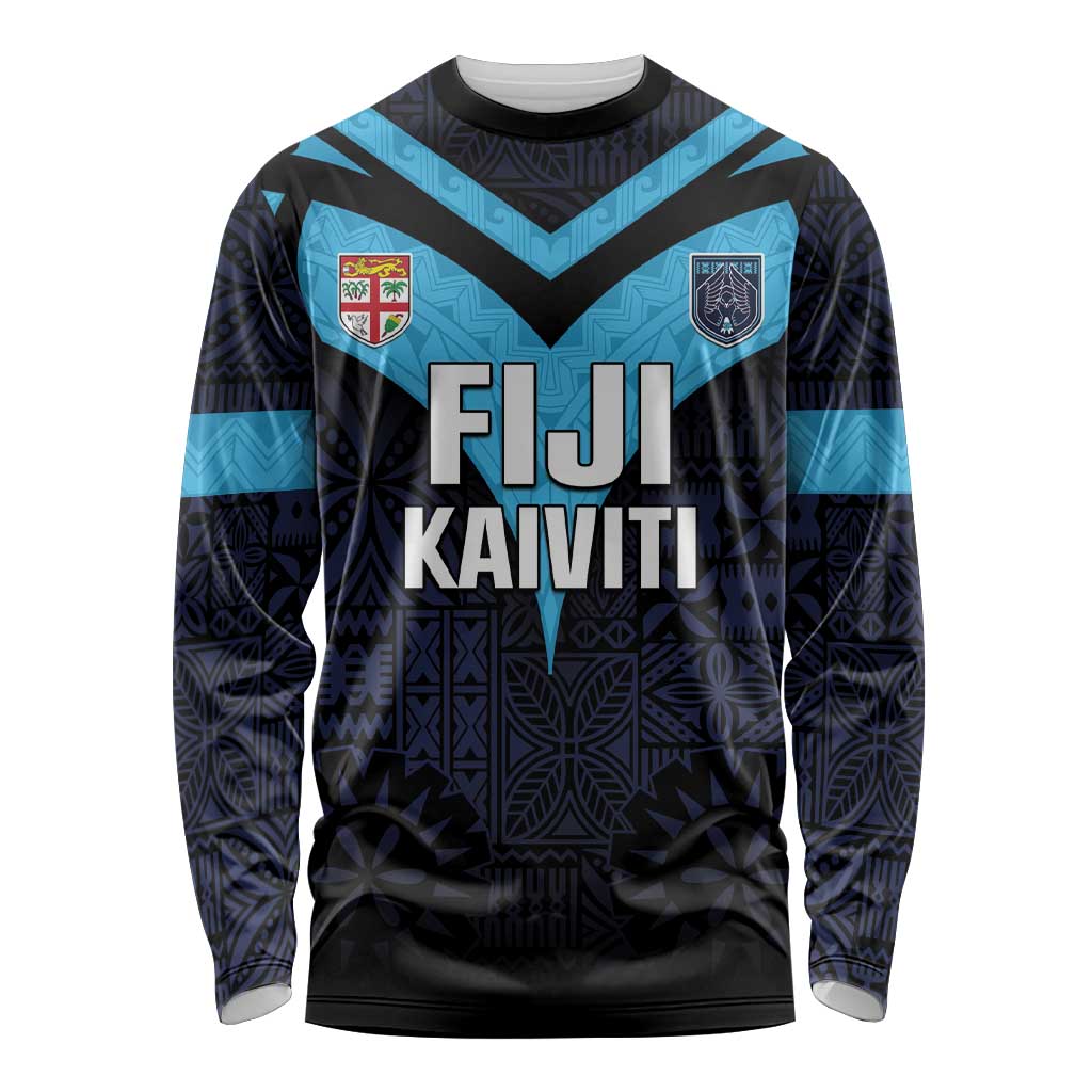 Custom Fiji Kaiviti Rugby Long Sleeve Shirt Fiji Tapa Pattern LT05 Unisex Blue - Polynesian Pride