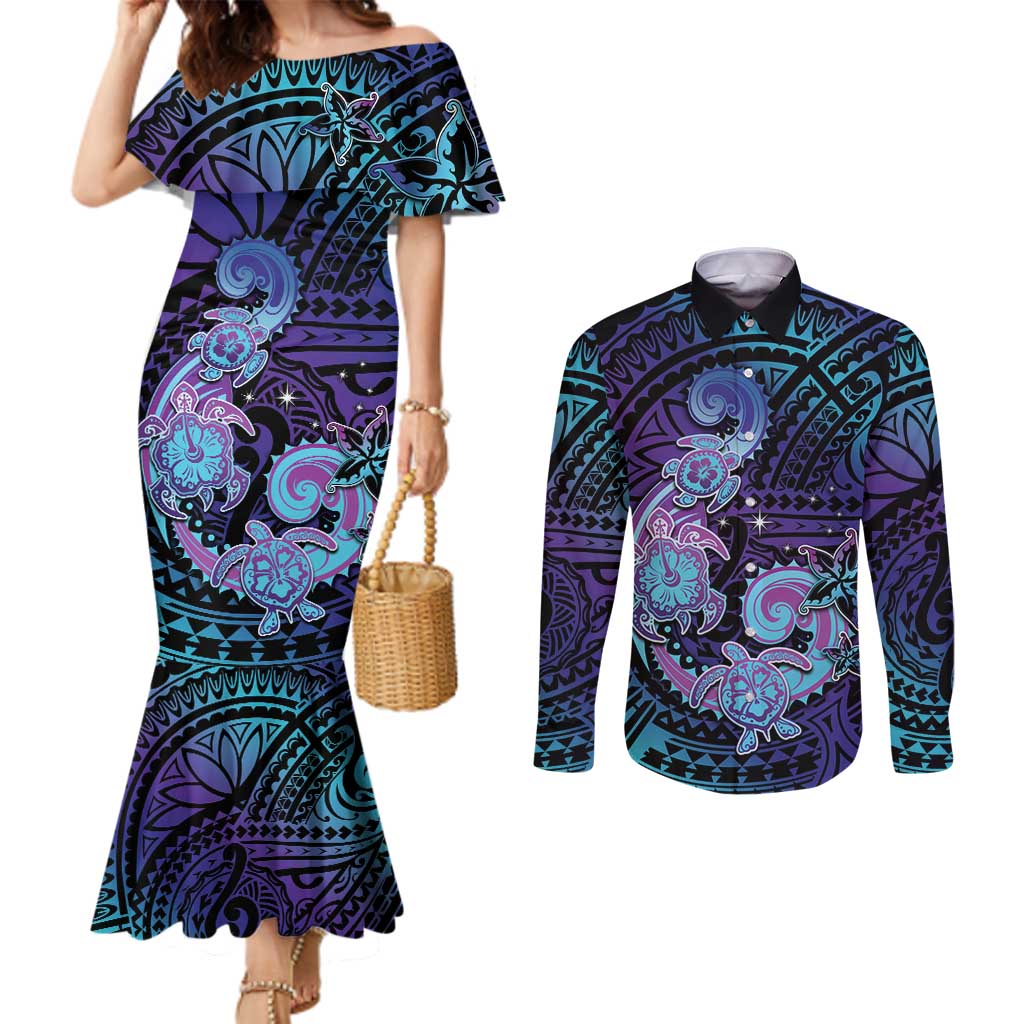 Hawaii Makahiki Turtle Couples Matching Mermaid Dress and Long Sleeve Button Shirt Spiral Polynesian Tattoo