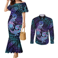 Hawaii Makahiki Turtle Couples Matching Mermaid Dress and Long Sleeve Button Shirt Spiral Polynesian Tattoo