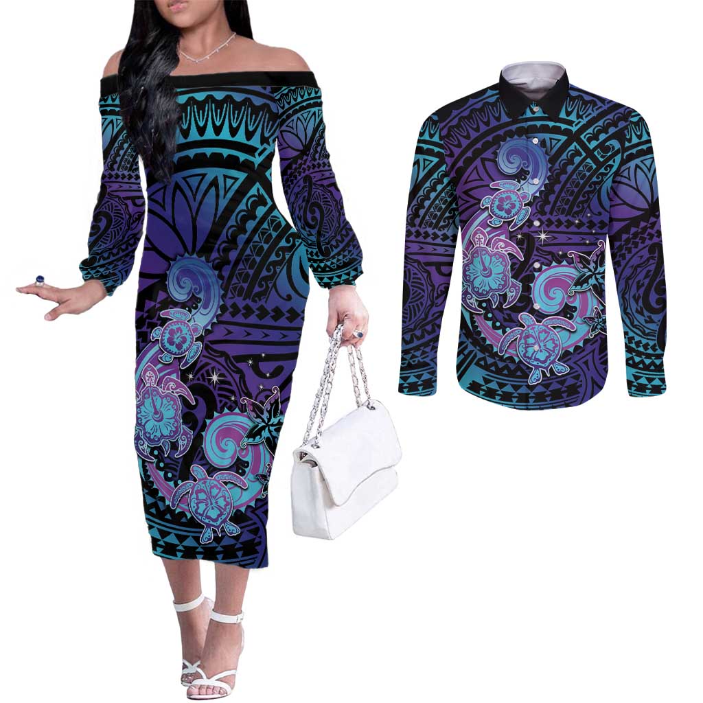 Hawaii Makahiki Turtle Couples Matching Off The Shoulder Long Sleeve Dress and Long Sleeve Button Shirt Spiral Polynesian Tattoo
